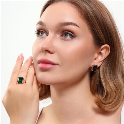 Комплект ювелирной бижутерии коллекция "Дубай" серьги и кольцо 19 р, покрытие позолота, вставка: фианиты, цвет: изумрудный и черный, арт.215.362-19
