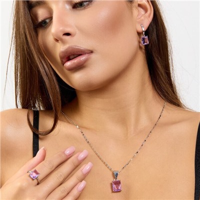 Комплект ювелирной бижутерии коллекция "Дубай" серьги, кулон и кольцо 20 р покрытие посеребрение, вставка: стекло, цвет: светло-фиолетовый, арт.215.590-20