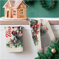 К-т полотенец "Новогодние снегири" 50*60 см. - 3 шт. рогожка хлопок 100%