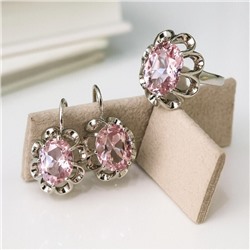 Комплект ювелирной бижутерии коллекция "Дубай" серьги и кольцо 19 р, покрытие посеребрение, вставка: фианит, цвет: розовый, арт.313.390-19