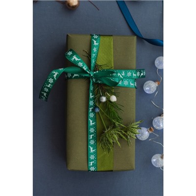 Лента атласная «Олени», 15 мм, 23±1 м, зелёная