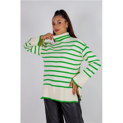 Теплая туника в полоску высокий ворот арт. 2918 (Молочный_зеленая полоса)