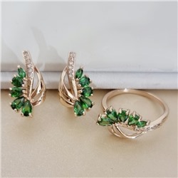 Комплект ювелирной бижутерии коллекция "Дубай" серьги и кольцо 19 р, покрытие позолота, вставка: фианиты и цирконы, цвет: зеленый и прозрачный, арт.215.745-19