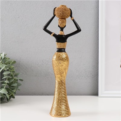 Фигура полистоун «Африканка с плетёным круглым кувшином», под золото, 10×6×28 см