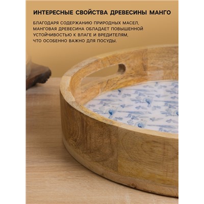 Поднос круглый с бортиками «Синие птицы», 35×35×6.5 см, дерево манго