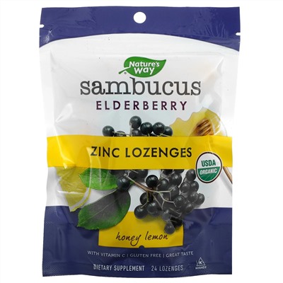 Nature's Way, Sambucus, Zinc Lozenges with Vitamin C, Honey Lemon, 24 Lozenges