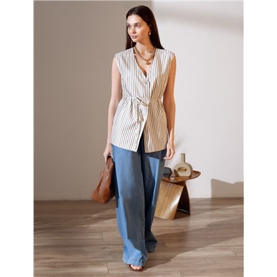 Удлиненный костюмный жилет в полоску с поясом из легкого хлопкового поплина