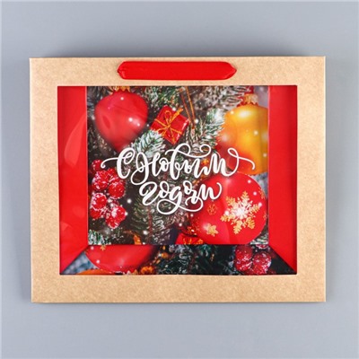 Пакет подарочный новогодний крафтовый с пластиковым окном «С Новым годом», 31×26×11 см