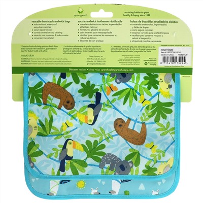 Green Sprouts, Reusable Insulated Sandwich Bags, 6+ Months, Aqua Llamas,  2 Pack