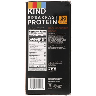 KIND Bars, Протеин для завтрака, темный шоколад, какао, 8 упаковок по 2 батончика, по 1,76 унции (50 г) каждый