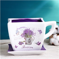 Декоративный горшок для цветов «Прованс», 800 мл, 17×13×11 см, керамика, с поддоном, белый, сиреневый, Greengo