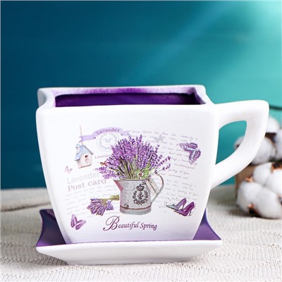 Декоративный горшок для цветов «Прованс», 800 мл, 17×13×11 см, керамика, с поддоном, белый, сиреневый, Greengo