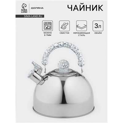 Чайник Доляна «Мрамор», 3 л, со свистком, нержавеющая сталь, хромированный