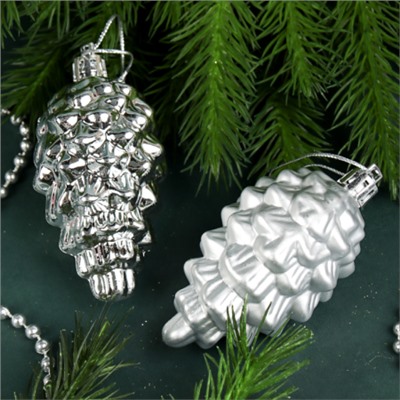 Елочное украшение Шишка 8 штук 8 см серебро / 5620-S /уп 72/