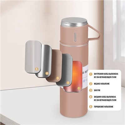 Набор «Мастер К»: термос 500 мл и 3 кружки 160 мл, сохраняет тепло 12 ч, нержавеющая сталь, бежевый