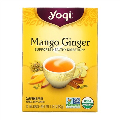 Yogi Tea, манго и имбирь, без кофеина, 16 чайных пакетиков, 32 г (1,12 унции)