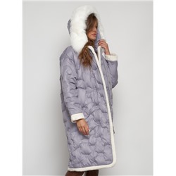 Пальто утепленное с капюшоном зимнее женское серого цвета 132290Sr
