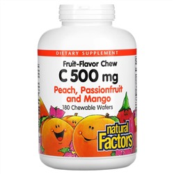 Natural Factors, витамин C в жевательной форме, со вкусом персика, маракуйи и манго, 500 мг, 180 жевательных конфет