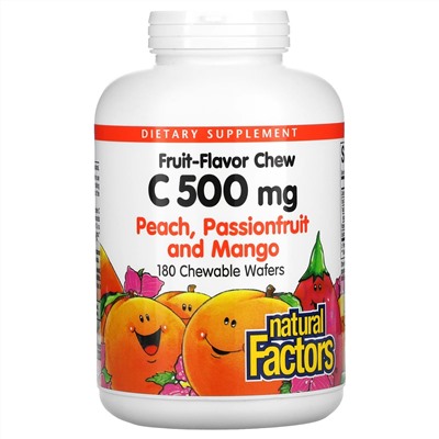 Natural Factors, витамин C в жевательной форме, со вкусом персика, маракуйи и манго, 500 мг, 180 жевательных конфет