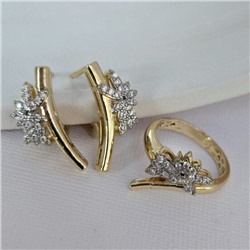 Комплект ювелирной бижутерии Итальянское золото (покрытие желтое 14к), серьги и кольцо 19 р, вставка: фианиты, цвет: прозрачный, арт.216.435-19