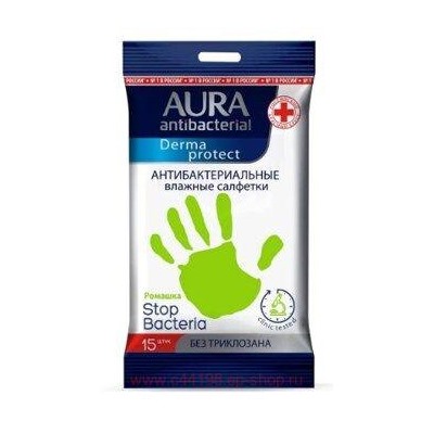 AURA Влажные Салфетки антибактериальные Ромашка Derma Protect 15 шт