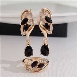 Комплект ювелирной бижутерии коллекция "Дубай" серьги и кольцо 17 р, покрытие позолота, вставка: фианиты и цирконы, цвет: черный и прозрачный, арт.215.740-17