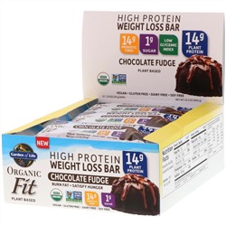 Garden of Life, Organic Fit, высокопротеиновый батончик для похудения, шоколадная помадка, 12 батончиков по 55 г (1,9 унции)