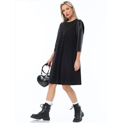 Платье черное с рукавами и кокеткой из экокожи