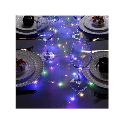 Гирлянда «Мишура» 2 м роса, IP20, серебристая нить, 50 LED, батарейки CR2032×2 (в комплекте), свечение мульти