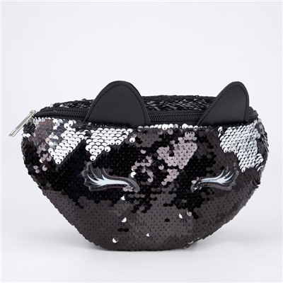 Сумка детская для девочки поясная Black cat, с пайетками, на молнии, чёрная