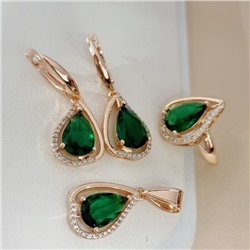 Комплект ювелирной бижутерии коллекция "Дубай" серьги, кулон и кольцо 17 р покрытие позолота, вставка: стекло и цирконы, цвет: зеленый и прозрачный, арт.215.549-17