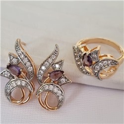 Комплект ювелирная бижутерия коллекция  "Дубай" серьги и кольцо 19 р, покрытие: позолота, вставка: фианиты, цвет: фиолетовый и прозрачный, Уценка, арт.08.3332 (217.292-19)