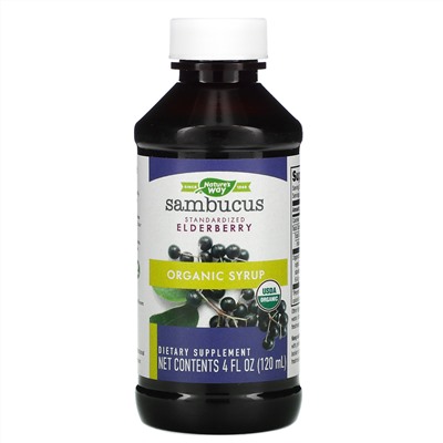 Nature's Way, Sambucus, стандартизированный экстракт бузины, органический сироп, 120 мл (4 жидк. унции)