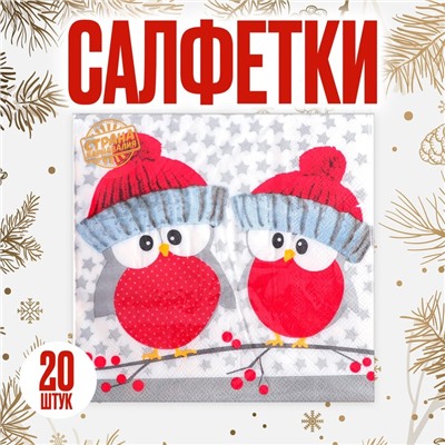 Салфетки новогодние бумажные «Совушки в шапочках», 33×33 см, набор 20 шт.