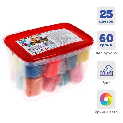 Тесто для лепки, 25 цветов, 1500 г, «Игротека», в пластиковом контейнере, аксессуары в ПОДАРОК