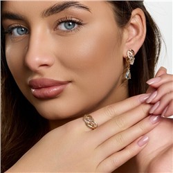 Комплект ювелирной бижутерии коллекция "Дубай" серьги и кольцо 19 р, покрытие позолота, вставка: фианиты и цирконы, цвет: нежно-голубой и прозрачный, арт.215.741-19