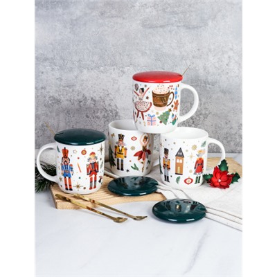 Кружка новогодняя с крышкой, ложка /350 мл/ HB-256 /уп 60/