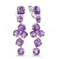 Серьги из серебра с кварцем аметист и фианитами родированные 925 пробы С-3095р01
