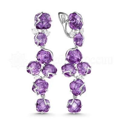 Серьги из серебра с кварцем аметист и фианитами родированные 925 пробы С-3095р01
