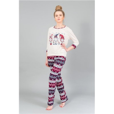 Пижама женская с брюками хлопок 186 (Бежевый-красный)