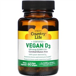 Country Life, Vegan D3, 125 mcg (5,000 IU), 60 Vegan Softgels