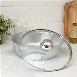 Жаровня KUKMARA, 3 л, d=26 см, h=9 см, стеклянная крышка, литой алюминий, серебристая