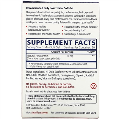 Algalife, Icelandic Astaxanthin, 12 mg, 60 Mini Soft Gels