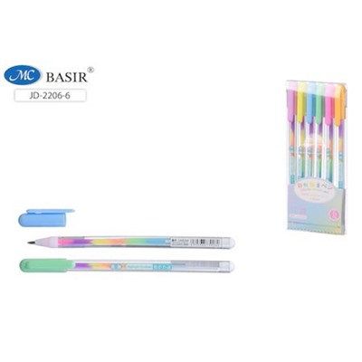 Набор гелевых ручек  6цв неон+цветные, многоцветный радужный стержень  6цв 0.8 мм JD-2206-6 Basir