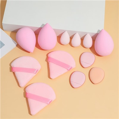 Набор спонжей для макияжа 12 штук разных форм и размеров. Цвет: РОЗОВЫЙ