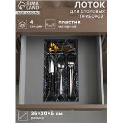 Лоток для столовых приборов в ящик BARONESS «Пегас», 36×20×5 см, 4 отделения, пластик, чёрный