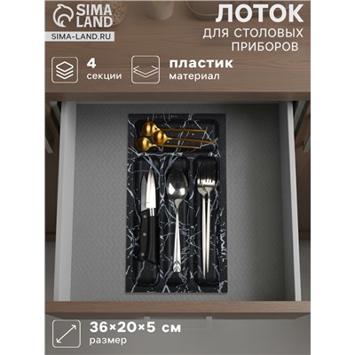Лоток для столовых приборов в ящик BARONESS «Пегас», 36×20×5 см, 4 отделения, пластик, чёрный