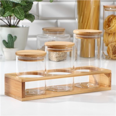 Банки стеклянные для хранения сыпучих продуктов «Эко», 3 предмета: 300/360/450 мл, 7×10/12,5/15.5 см, с бамбуковой крышкой