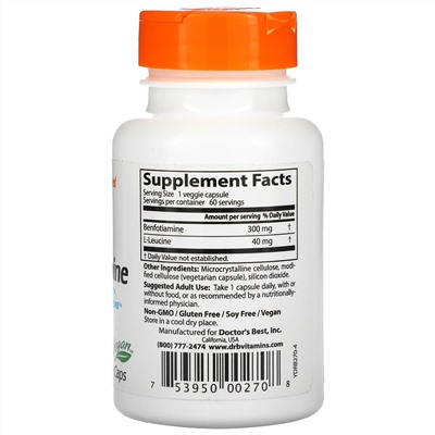 Doctor's Best, бенфотиамин с BenfoPure, 300 мг, 60 вегетарианских капсул