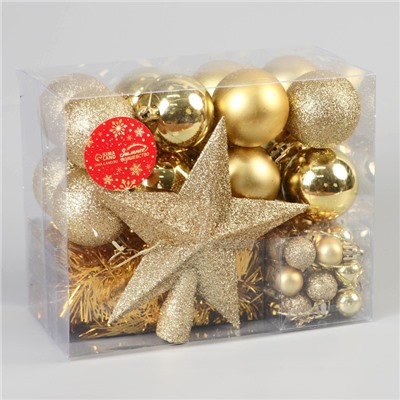 Ёлочные игрушки «Звёздное небо», набор 54 шт., мишура 2.5 см, золото